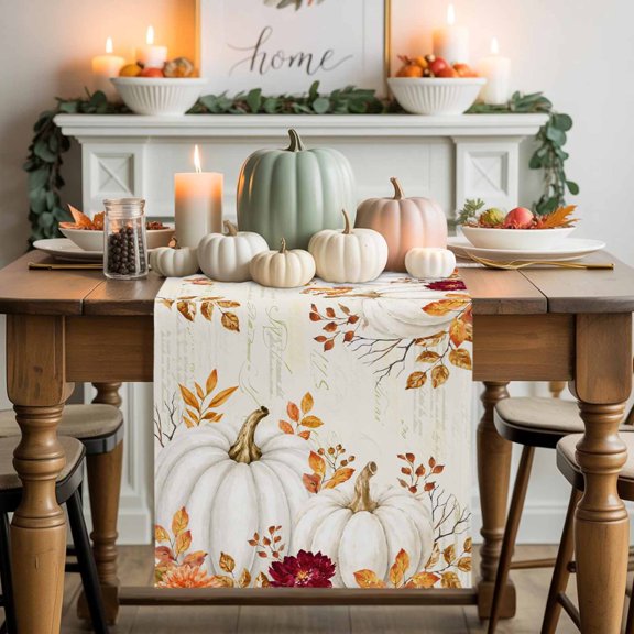 Kitchen Table Runner 36 Inches Long, Farmhouse Fall White Pumpkin Cotton Linen Table Runners for Dining Tables Home Holiday Party Wedding, Thanksgiving Fallen Leaf Tabletop Scarf
