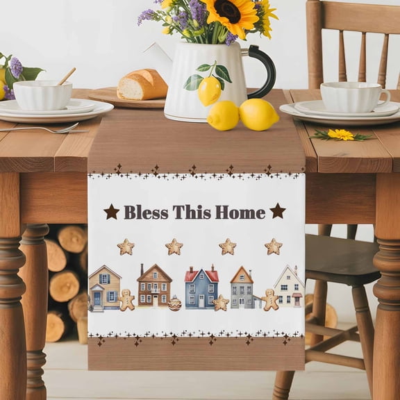 Kitchen Table Runner 36 Inches Long, Farmhouse Flower Bless This Home Cotton Linen Table Runners for Dining Tables Home Holiday Party Wedding, Rustic Shining Star Wood Tabletop Scarf