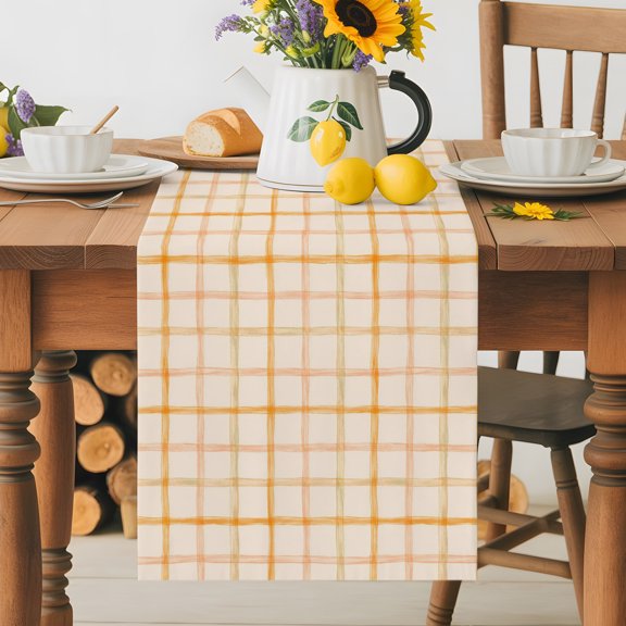 Kitchen Table Runner 36 Inches Long, Farmhouse Orange Buffalo Check Cotton Linen Table Runners for Dining Tables Home Holiday Party Wedding, Watercolor Tabletop Scarf