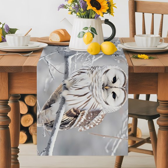 Kitchen Table Runner 36 Inches Long, Farmhouse Owl on Tree Branch Cotton Linen Table Runners for Dining Tables Home Holiday Party Wedding, Winter Bird Natural Scenery Tabletop Scarf