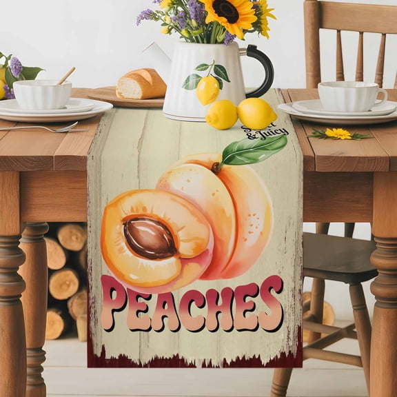 Kitchen Table Runner 36 Inches Long, Farmhouse Peaches Vintage Style Cotton Linen Table Runners for Dining Tables Home Holiday Party Wedding, Country Fruit Wood Texture Tabletop Scarf