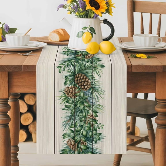 Kitchen Table Runner 36 Inches Long, Farmhouse Pine Needle Pinecone Cotton Linen Table Runners for Dining Tables Home Holiday Party Wedding, Rustic Retro Wood Grain Tabletop Scarf