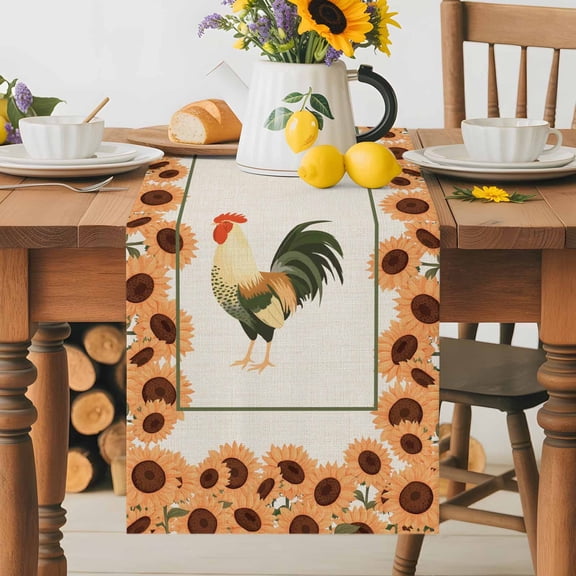 Kitchen Table Runner 36 Inches Long, Farmhouse Rooster Vintage Linen Cotton Linen Table Runners for Dining Tables Home Holiday Party Wedding, Pastoral Sunflower Chicken Tabletop Scarf