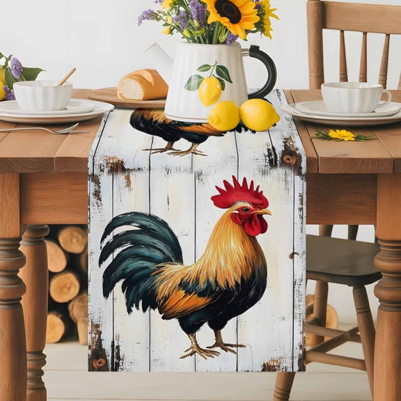 Kitchen Table Runner 36 Inches Long, Farmhouse Rooster Wood Board Cotton Linen Table Runners for Dining Tables Home Holiday Party Wedding, Rustic Chicken Retro Wooden Tabletop Scarf