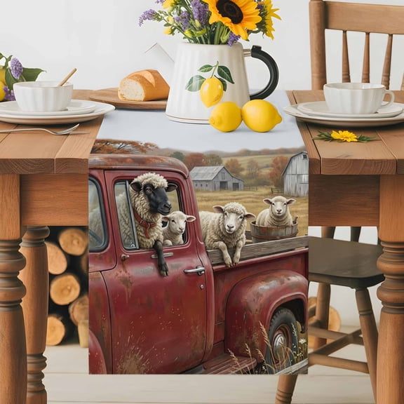 Kitchen Table Runner 36 Inches Long, Farmhouse Sheep Barn Truck Cotton Linen Table Runners for Dining Tables Home Holiday Party Wedding, Pastoral Tree Wildflower Tabletop Scarf