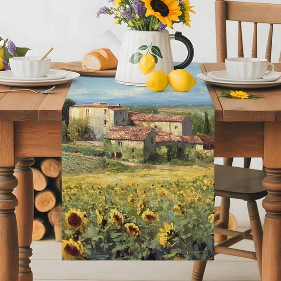 Kitchen Table Runner 36 Inches Long, Farmhouse Sunflower Field Cotton Linen Table Runners for Dining Tables Home Holiday Party Wedding, Rustic Natural Scene Oil Painting Tabletop Scarf