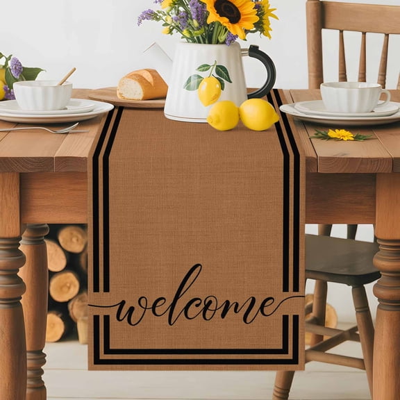 Kitchen Table Runner 36 Inches Long, Farmhouse Welcome Text Black Line Cotton Linen Table Runners for Dining Tables Home Holiday Party Wedding, Vintage Brown Tan Tabletop Scarf