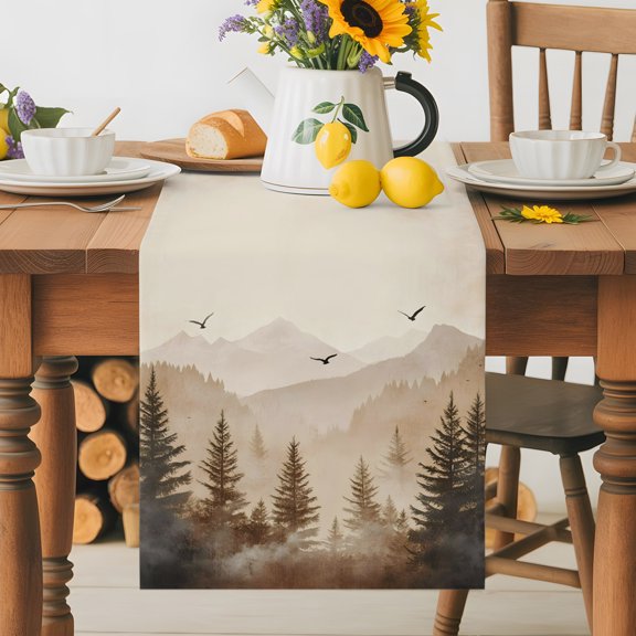 Kitchen Table Runner 36 Inches Long, Foggy Mountain Forest Tree Bird Cotton Linen Table Runners for Dining Tables Home Holiday Party Wedding, Retro Natural Scenic Theme Tabletop Scarf