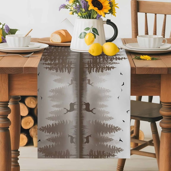 Kitchen Table Runner 36 Inches Long, Forest Elk Bird Tree Silhouette Cotton Linen Table Runners for Dining Tables Home Holiday Party Wedding, Animal Plant Natural Landscape Tabletop Scarf