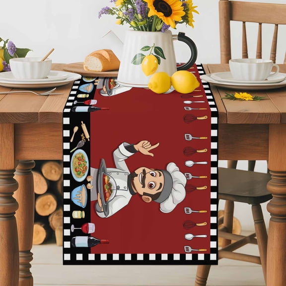 Kitchen Table Runner 36 Inches Long, Fun Chef Kitchenware Food Burgundy Red Cotton Linen Table Runners for Dining Tables Home Holiday Party Wedding, Black White Checker Tabletop Scarf