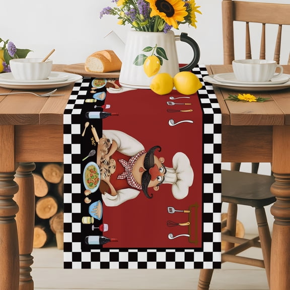 Kitchen Table Runner 36 Inches Long, Funny Chefs Making A Cake Cotton Linen Table Runners for Dining Tables Home Holiday Party Wedding, Vintage Black Buffalo Check Tabletop Scarf