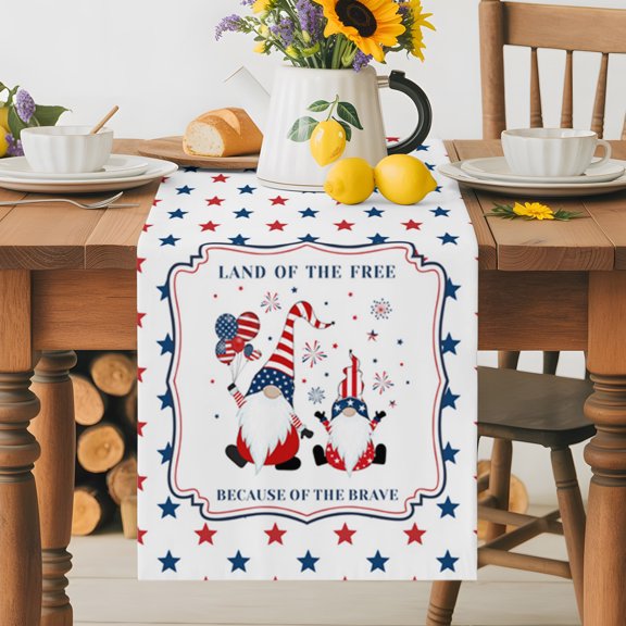 Kitchen Table Runner 36 Inches Long, Funny Dwarfs and Flag Balloon Cotton Linen Table Runners for Dining Tables Home Holiday Party Wedding, Blue Red Stars Tabletop Scarf