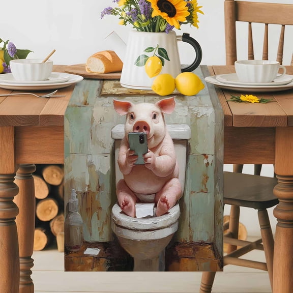 Kitchen Table Runner 36 Inches Long, Funny Pig Sitting on Toilet Bathroom Cotton Linen Table Runners for Dining Tables Home Holiday Party Wedding, Animals Play Phones Tabletop Scarf