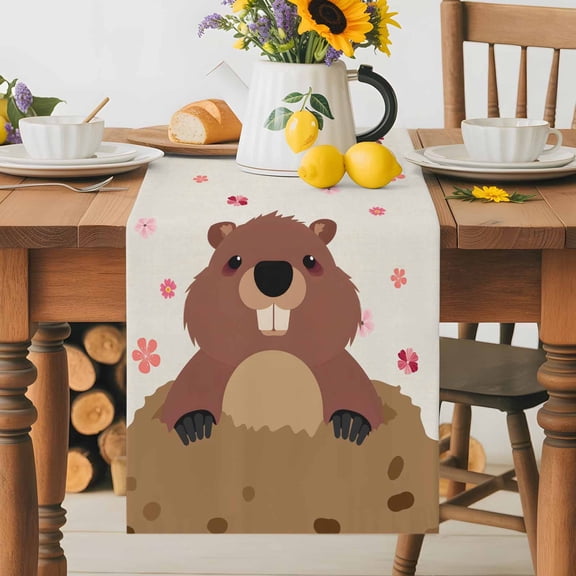 Kitchen Table Runner 36 Inches Long, GROUNDHOG DAY Words Cotton Linen Table Runners for Dining Tables Home Holiday Party Wedding, Cute Marmot Flowers Tabletop Scarf