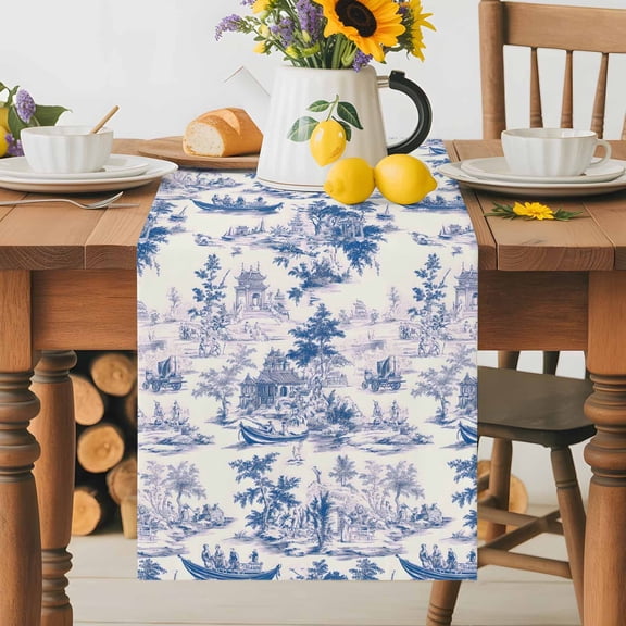 Kitchen Table Runner 36 Inches Long, Garden House Boat Chinese Style Cotton Linen Table Runners for Dining Tables Home Holiday Party Wedding, Chinoiserie Classic Style Tabletop Scarf