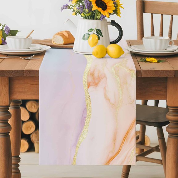 Kitchen Table Runner 36 Inches Long, Geometric Golden Wave Line Cotton Linen Table Runners for Dining Tables Home Holiday Party Wedding, Abstract Pink Blue Art Tabletop Scarf