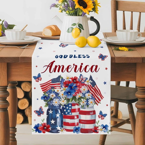 Kitchen Table Runner 36 Inches Long, God Bless America Butterfly Cotton Linen Table Runners for Dining Tables Home Holiday Party Wedding, Flower in Vase Tabletop Scarf