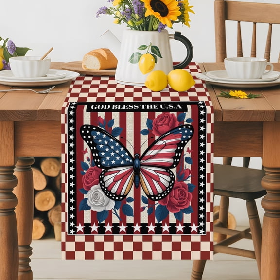 Kitchen Table Runner 36 Inches Long, God Bless America Cotton Linen Table Runners for Dining Tables Home Holiday Party Wedding, Butterflies Flowers Plaid Tabletop Scarf