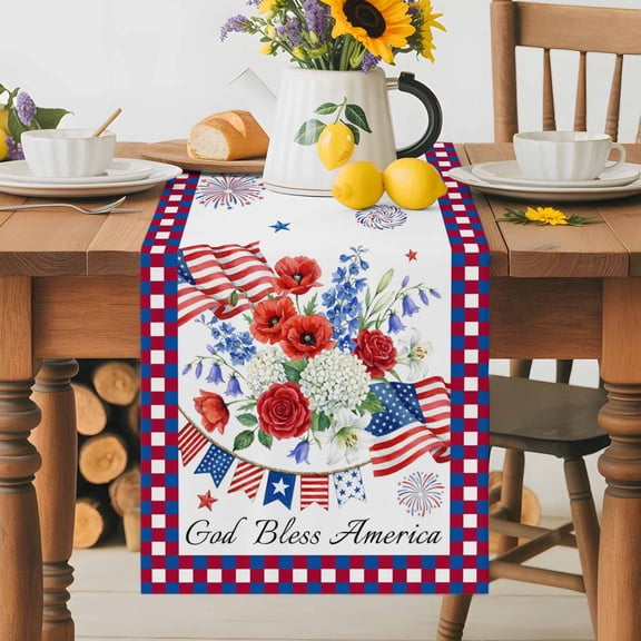 Kitchen Table Runner 36 Inches Long, God Bless American Cotton Linen Table Runners for Dining Tables Home Holiday Party Wedding, Independence Day 250th Anniversary Tabletop Scarf