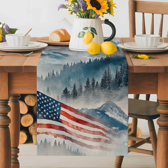 Kitchen Table Runner 36 Inches Long, God Bless American Usa Flag Cotton Linen Table Runners for Dining Tables Home Holiday Party Wedding, Mountain Forest Tree Tabletop Scarf