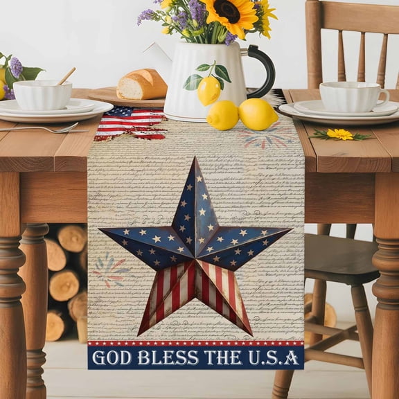 Kitchen Table Runner 36 Inches Long, God Bless The USA Cotton Linen Table Runners for Dining Tables Home Holiday Party Wedding, American Flag Star Eagle Tabletop Scarf