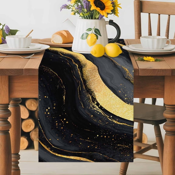 Kitchen Table Runner 36 Inches Long, Gold Black Marble Texture Cotton Linen Table Runners for Dining Tables Home Holiday Party Wedding, Luxury Fluid Art Tabletop Scarf