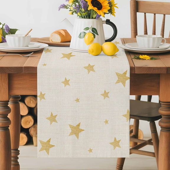 Kitchen Table Runner 36 Inches Long, Gold Stars on Burlap Linen Cotton Linen Table Runners for Dining Tables Home Holiday Party Wedding, Seamless Shining Star Tabletop Scarf