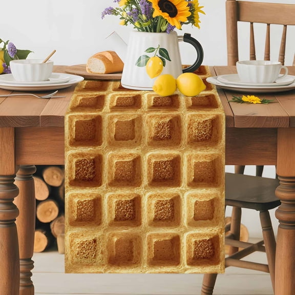 Kitchen Table Runner 36 Inches Long, Golden Crispy Waffles Texture Cotton Linen Table Runners for Dining Tables Home Holiday Party Wedding, American Country Style Tabletop Scarf