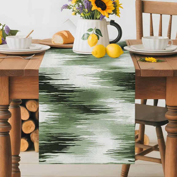 Kitchen Table Runner 36 Inches Long, Gradient Green Lines Cotton Linen Table Runners for Dining Tables Home Holiday Party Wedding, Misty Forest Abstract Art Tabletop Scarf