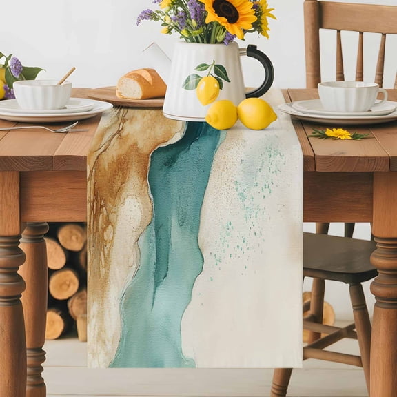 Kitchen Table Runner 36 Inches Long, Gradient Marble Abstract Art Cotton Linen Table Runners for Dining Tables Home Holiday Party Wedding, Minimalist Modern Style Tabletop Scarf