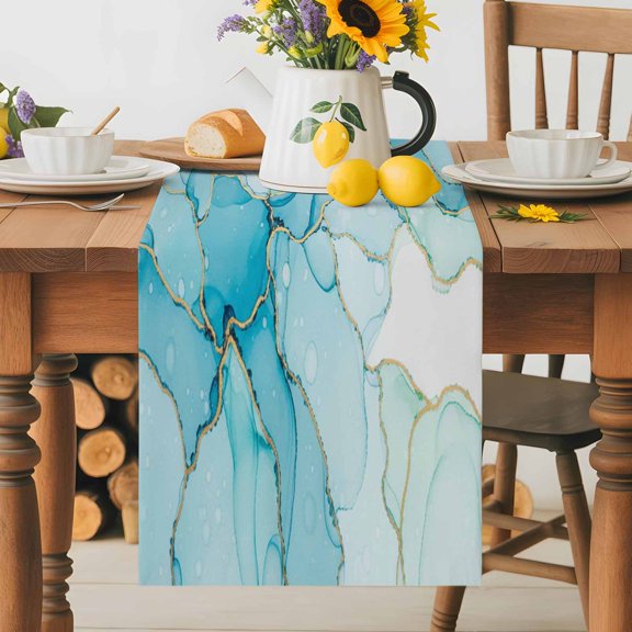 Kitchen Table Runner 36 Inches Long, Gradient Teal Marble Texture Cotton Linen Table Runners for Dining Tables Home Holiday Party Wedding, Abstract Watercolor Geometric Tabletop Scarf