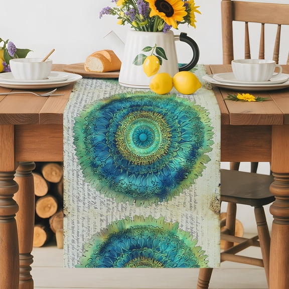 Kitchen Table Runner 36 Inches Long, Green Seagrass Circle Cotton Linen Table Runners for Dining Tables Home Holiday Party Wedding, Retro Paper Background Tabletop Scarf