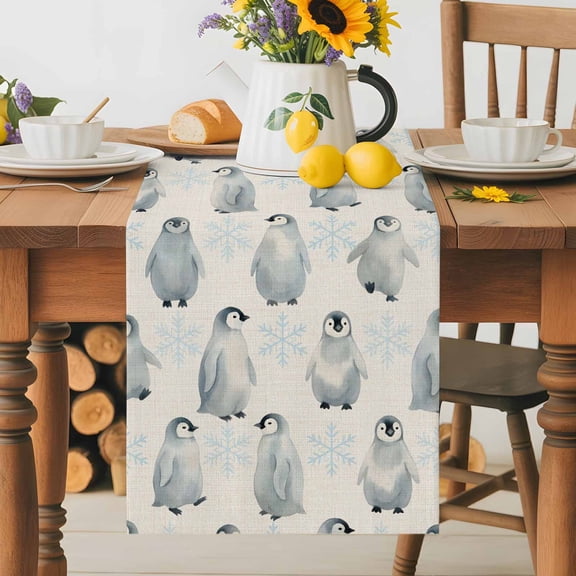 Kitchen Table Runner 36 Inches Long, Grey Penguin Retro Nordic Cotton Linen Table Runners for Dining Tables Home Holiday Party Wedding, Winter Blue Snowflake Tabletop Scarf