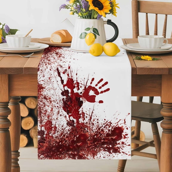 Kitchen Table Runner 36 Inches Long, Halloween Bloody Handprint Cotton Linen Table Runners for Dining Tables Home Holiday Party Wedding, Horror Blood Bloody Palm Tabletop Scarf