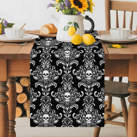 Kitchen Table Runner 36 Inches Long, Halloween Scary Skull Skeleton Damask Flower Cotton Linen Table Runners for Dining Tables Home Holiday Party Wedding, Black White Brocade Tabletop Scarf