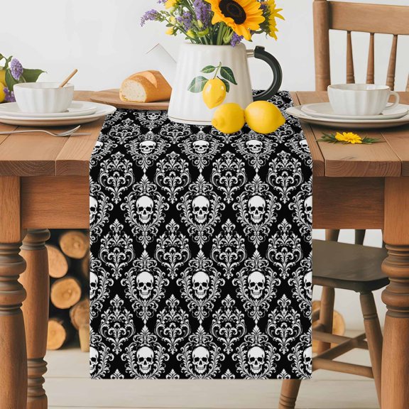 Kitchen Table Runner 36 Inches Long, Halloween Skull Skeleton Flower Damask Cotton Linen Table Runners for Dining Tables Home Holiday Party Wedding, Scary Black Tabletop Scarf
