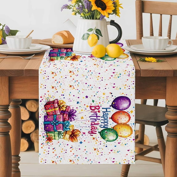 Kitchen Table Runner 36 Inches Long, Happy Birthday Celebration Party Cotton Linen Table Runners for Dining Tables Home Holiday Party Wedding, Colorful Present Balloon Tabletop Scarf