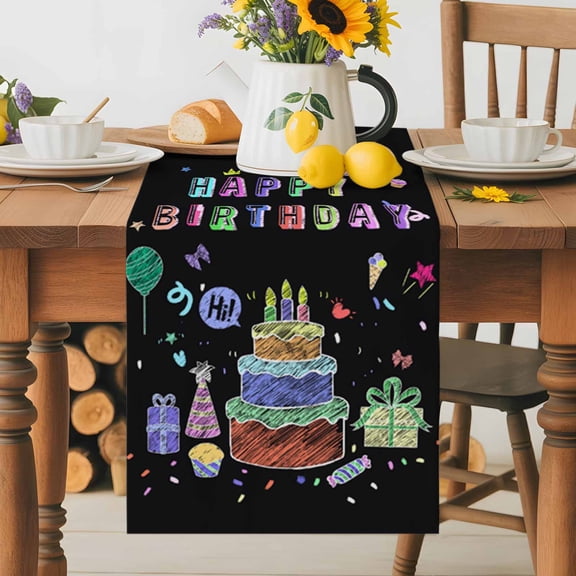 Kitchen Table Runner 36 Inches Long, Happy Birthday Colorful Line Cake Present Box Cotton Linen Table Runners for Dining Tables Home Holiday Party Wedding, Black Tabletop Scarf