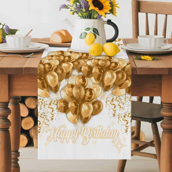 Kitchen Table Runner 36 Inches Long, Happy Birthday Golden Balloon Cotton Linen Table Runners for Dining Tables Home Holiday Party Wedding, Abstract Stars Geometric Tabletop Scarf