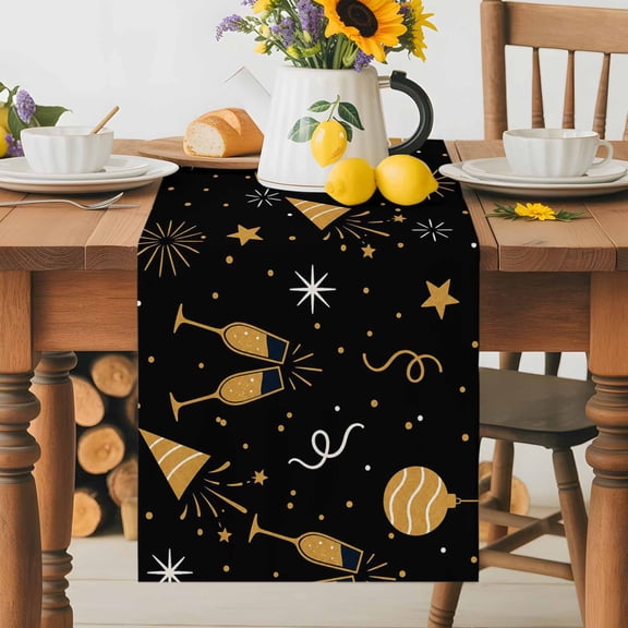 Kitchen Table Runner 36 Inches Long, Happy New Year Table Runners for Dining Tables Home Holiday Party Wedding, Gold Champagne Firework Stars Tabletop Scarf