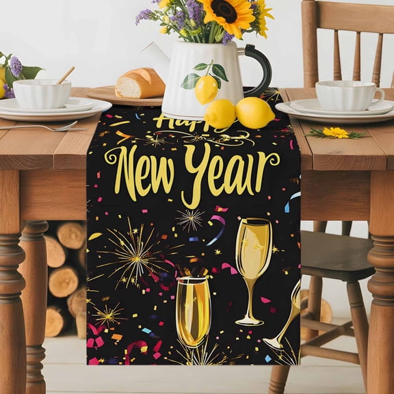 Kitchen Table Runner 36 Inches Long, Happy New Year Words Cotton Linen Table Runners for Dining Tables Home Holiday Party Wedding, Colorful Fireworks Tabletop Scarf