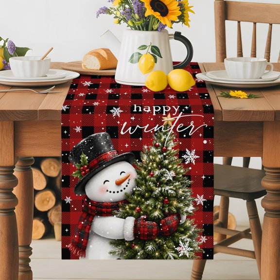 Kitchen Table Runner 36 Inches Long, Happy Winter Snowman Christmas Tree Cotton Linen Table Runners for Dining Tables Home Holiday Party Wedding, Red Black Plaid Tabletop Scarf