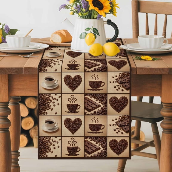 Kitchen Table Runner 36 Inches Long, Heart Shape Coffee Beans Cotton Linen Table Runners for Dining Tables Home Holiday Party Wedding, Chocolate Bar Tabletop Scarf