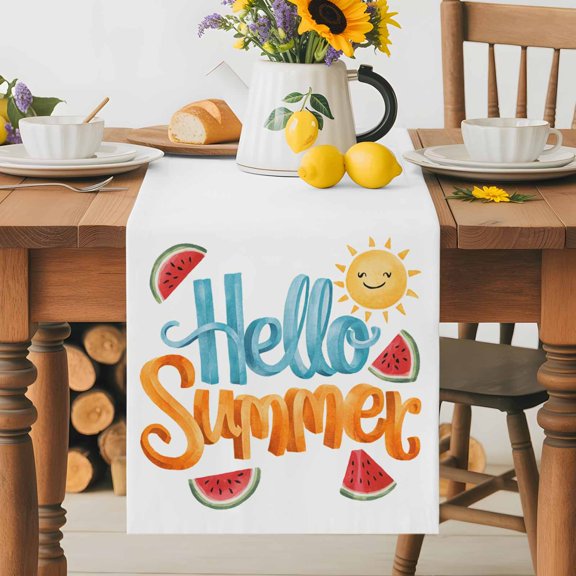 Kitchen Table Runner 36 Inches Long, Hello Summer Sun Watermelon Cotton Linen Table Runners for Dining Tables Home Holiday Party Wedding, Cartoon Style Tabletop Scarf