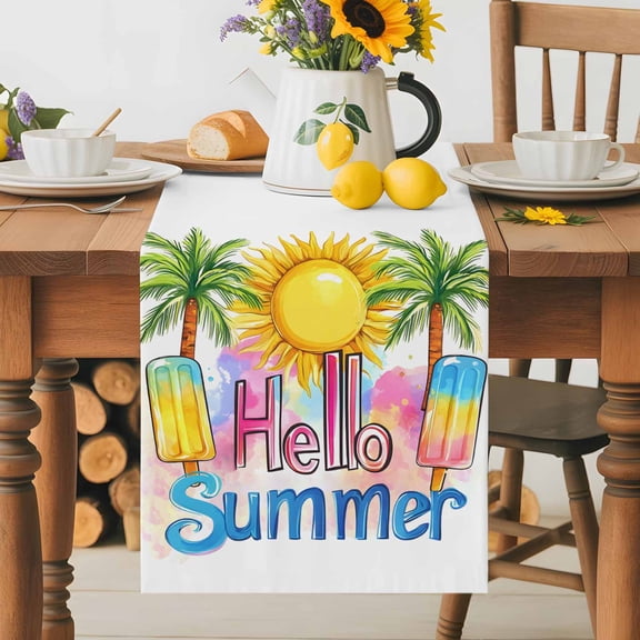 Kitchen Table Runner 36 Inches Long, Hello Summer Text Sun Palm Tree Cotton Linen Table Runners for Dining Tables Home Holiday Party Wedding, Colorful Ocean Seaside Theme Tabletop Scarf