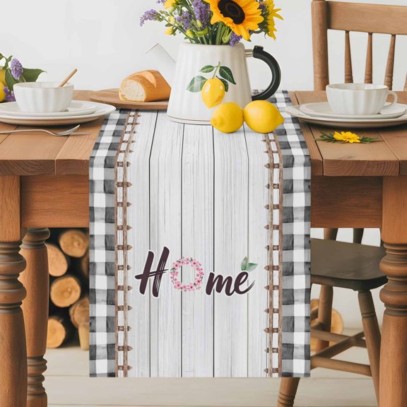 Kitchen Table Runner 36 Inches Long, Home Quote Spring Garland Cotton Linen Table Runners for Dining Tables Home Holiday Party Wedding, Retro Wooden Plank Black Palid Tabletop Scarf