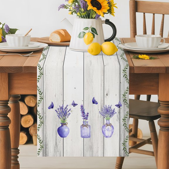 Kitchen Table Runner 36 Inches Long, Home Words on Retro Wood Board Cotton Linen Table Runners for Dining Tables Home Holiday Party Wedding, Purple Lavender Butterfly Tabletop Scarf