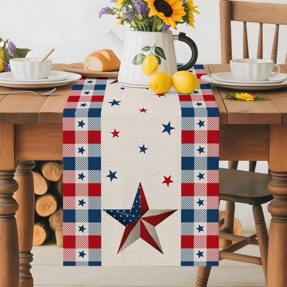 Kitchen Table Runner 36 Inches Long, Independence Day Flag Star on Cotton Cotton Linen Table Runners for Dining Tables Home Holiday Party Wedding, Buffalo Plaid Border Tabletop Scarf