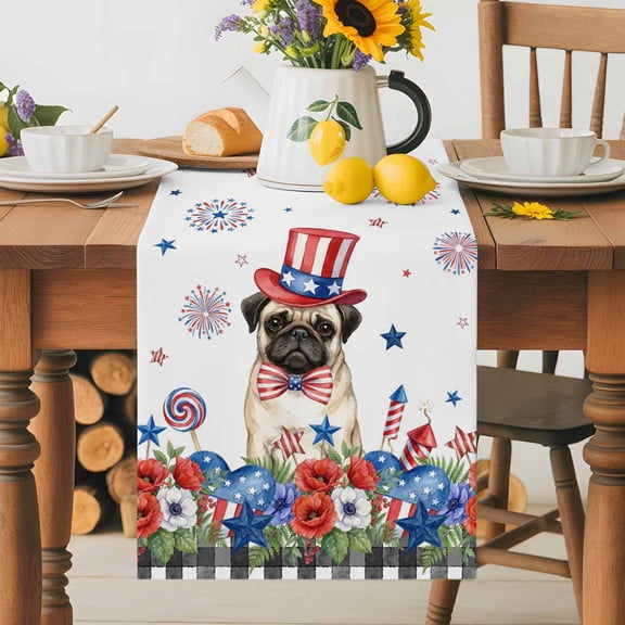Kitchen Table Runner 36 Inches Long, Independence Day Pug Cotton Linen Table Runners for Dining Tables Home Holiday Party Wedding, 250th Anniversary Flowers Firework Tabletop Scarf
