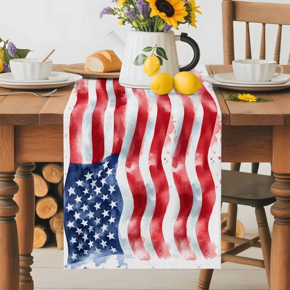 Kitchen Table Runner 36 Inches Long, Independence Day USA Flag God Bless Cotton Linen Table Runners for Dining Tables Home Holiday Party Wedding, Stars and Stripes Tabletop Scarf